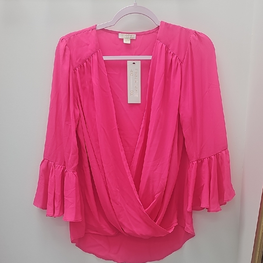 Pink Wrap Blouse with Bell Sleeves